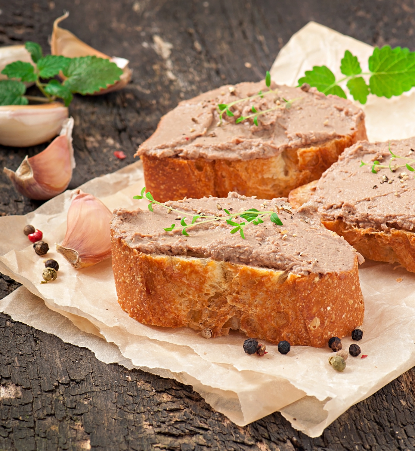 Tartines de pâté rustique aux herbes chez-basta à muret sur table en bois conviviale