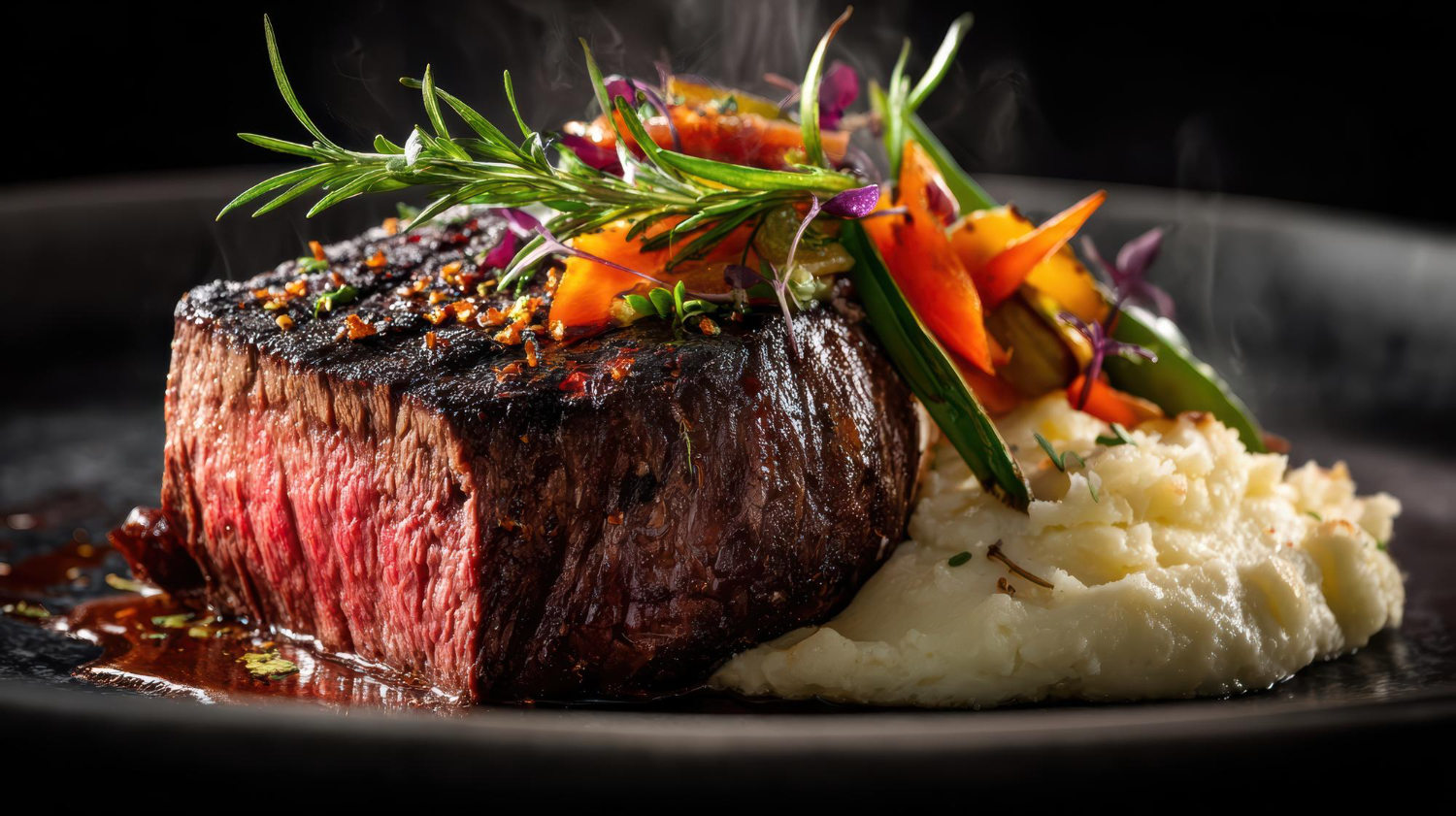 Steak grillé avec purée onctueuse et légumes frais chez-basta à muret, plat chaud et raffiné
