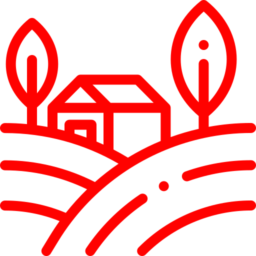 Illustration campagne stylisée chez-basta à muret avec maison, arbres et champs